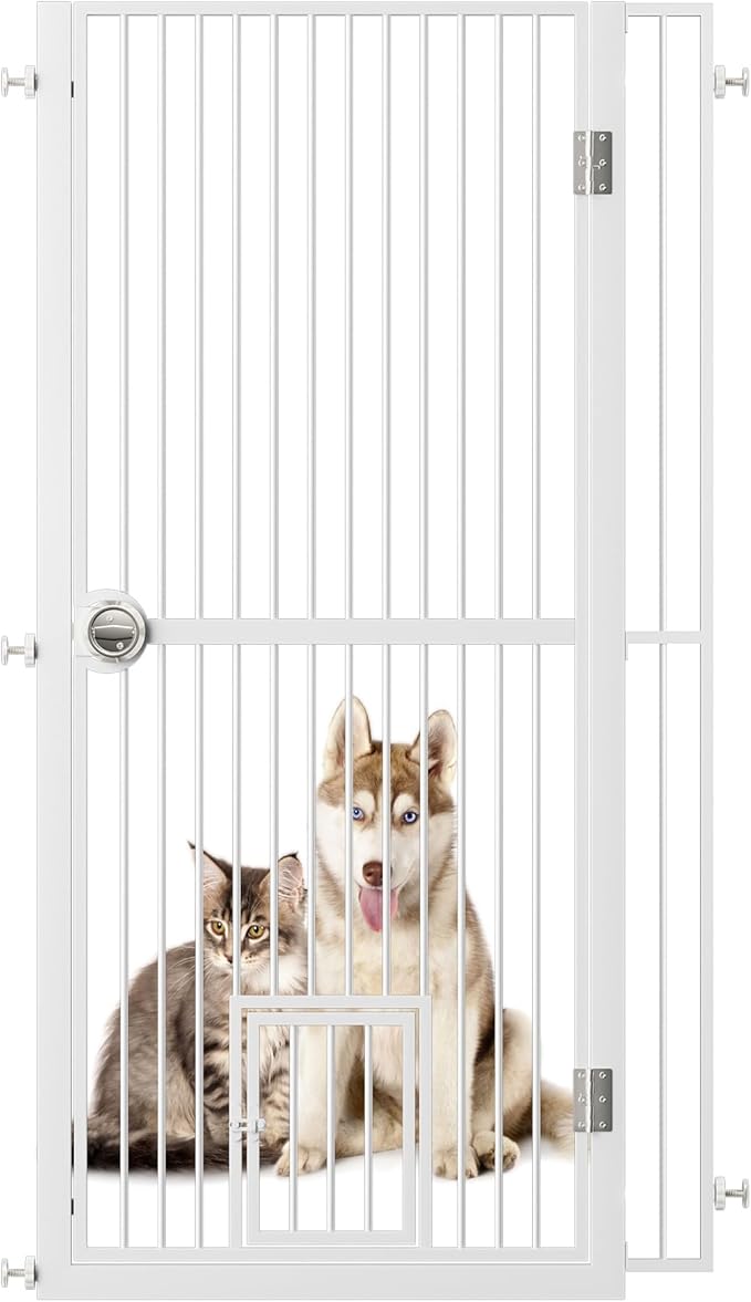 Extra Tall Cat Gate for Doorway, Adjustable Wide Dog Door with Cat Door, 1.37" Gap for Pet Gates, Suitable for Doorways or Kitchen, No Drilling Pressure Mount Kit (White, 34.3"-36.7"/87.3cm-93.3cm)