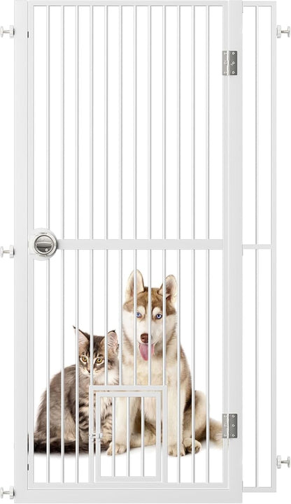 Extra Tall Cat Gate for Doorway, Adjustable Wide Dog Door with Cat Door, 1.37" Gap for Pet Gates, Suitable for Doorways or Kitchen, No Drilling Pressure Mount Kit (White, 34.3"-36.7"/87.3cm-93.3cm)