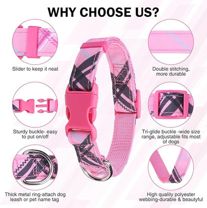 Dog Collar and Leash Set for Medium Dogs, Adjustable Soft Puppy Collar with Quick Release Buckle, 5FT Heavy Duty Nylon Matching Leash for Boy Girl Chihuahua, Yorki, Bulldog, Pink M