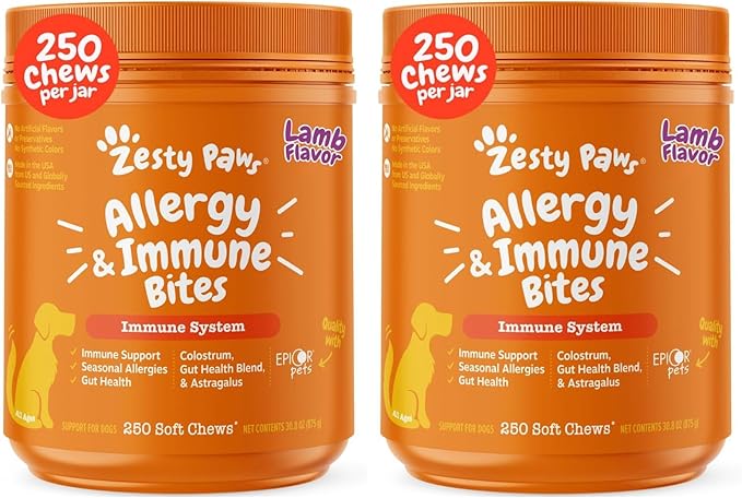 Zesty Paws Dog Allergy Relief Chews, Dog Probiotics for Itchy Skin and Ears, Lamb, 250ct (Pack of 2)
