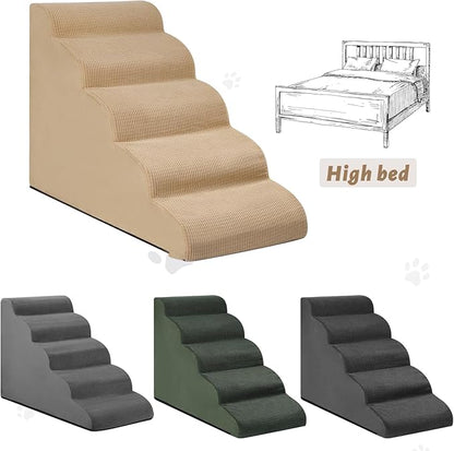 Aodisman 5-Step Dog Stairs and Ramp for High Bed, Non-Slip Sturdy Pet Steps for Small Dogs and Cats,22.2" H,Khaki