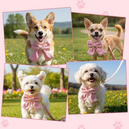 Dog Collar and Leash Set with Bowtie, Pink Cute Girl Dog Collars Bow Metal Buckle Adjustable Corduroy Dogs Collar 10‘’-16‘’for Small Medium Puppy Dogs with 5 FT Leash Pink S