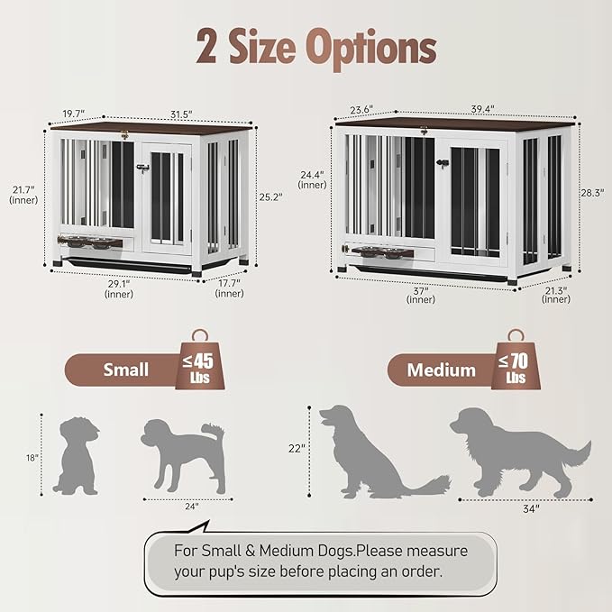31.5" Dog Crate Furniture - Wooden Dog Kennel with 360° Rotating Feeder & Removable Tray | Indoor Multi-Functional End Table for Medium & Small Dogs, White Dog Cage, Portable Pet Furniture
