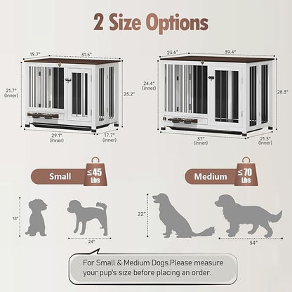 31.5" Dog Crate Furniture - Wooden Dog Kennel with 360° Rotating Feeder & Removable Tray | Indoor Multi-Functional End Table for Medium & Small Dogs, White Dog Cage, Portable Pet Furniture