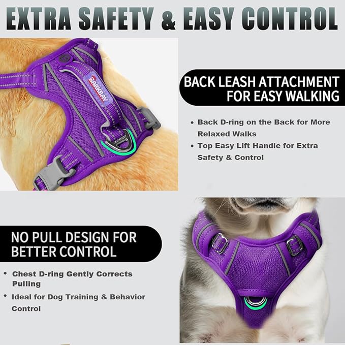 BARKBAY No Pull Dog Harness Large Reflective Dog Harness with Front Clip and Easy Control Handle for Walking Training Running with ID tag Pocket(Purple,S)