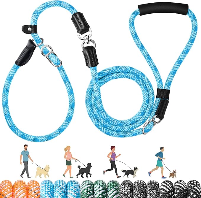 SlowTon Slip Lead Dog Leash, Adjustable 5-7 FT, 1/2” Rope, Heavy Duty Nylon Leashes with Padded Handle & Highly Reflective Threads, No Pull Training Leash for Medium Large Dogs 20-120lb (Light Blue,L)