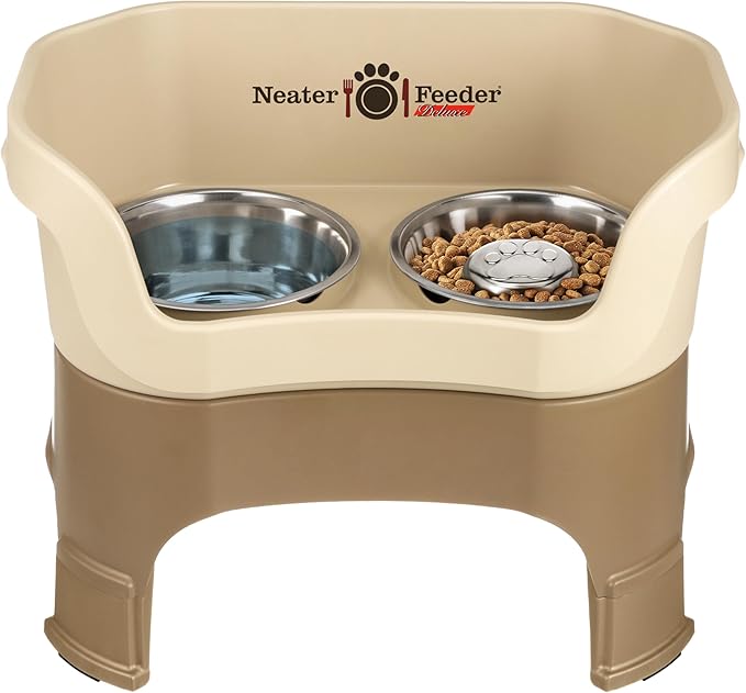 Neater Feeder Deluxe Mess-Proof Elevated Dog Bowls for Large Dogs (40+ lbs), 2 Height Adjustable (14.5” & 17.5”) No-Spill Raised Dog Bowl Stand w/Slow Feed Bowl for Food, Made in USA, Cappuccino