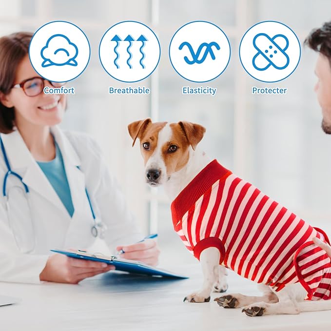 2 Packs Breathable Cotton Dog Recovery Suit for After Neuter Spay Abdominal Wounds Protector, Professional Anti-Licking Onesies for Male Female Pets Surgery Bandages, S Red & Blue Stripes