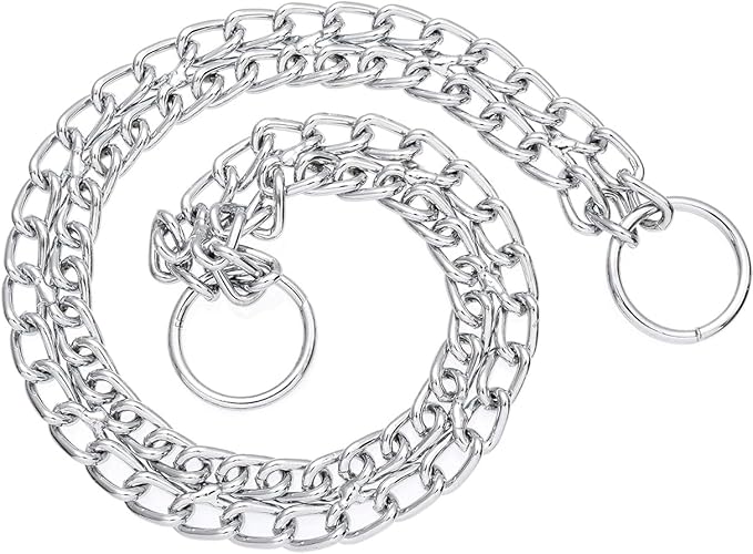 Heavy Duty Dog Choker Chain, Silver Double Row Martingale Chain Dog Collars, Chew Proof Metal Cuban Link Slip Collars Adjustable for Small Medium Large Breed Dogs (2 Row, L)