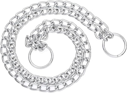 Heavy Duty Dog Choker Chain, Silver Double Row Martingale Chain Dog Collars, Chew Proof Metal Cuban Link Slip Collars Adjustable for Small Medium Large Breed Dogs (2 Row, L)