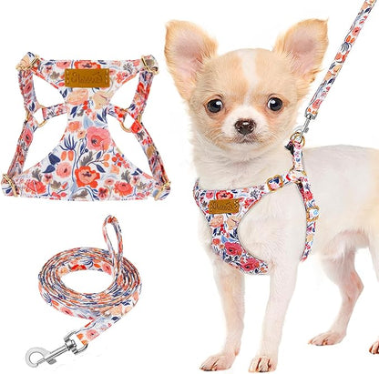 Lukovee Puppy Harness and Leash Set, No Pull Lightweight Soft Suede Adjustable Pet Harness Vest with Snap Buckle for Puppy Small and Medium Size Dog (Flower-XS)