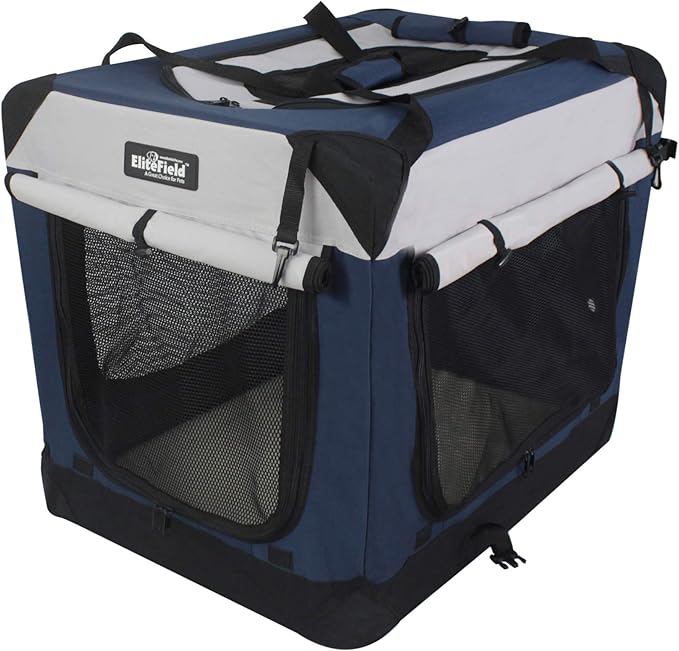 EliteField 4-Door Folding Soft Dog Crate with Curtains, Carrying Bag and Fleece Bed (2 Year Warranty), Indoor & Outdoor Pet Home (42" L x 28" W x 32" H, Navy Blue+Gray)