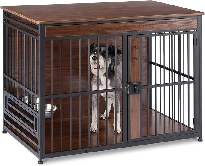 Amazon Basics Furniture Style Dog Crate, Two Bowls Included, 41" x 23.6" x 29.5", Walnut