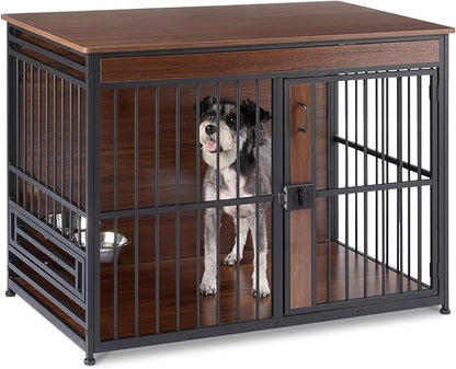 Amazon Basics Furniture Style Dog Crate, Two Bowls Included, 41" x 23.6" x 29.5", Walnut