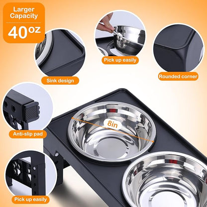LALOBLUE Elevated Dog Bowls, Raised Bowl with 2 Stainless Steel Food Bowls, Dog Bowls Stand Adjusts to 5 Heights 2.95", 8.46", 9.65", 10.82", 12.01" for Small Medium Large Cats Pets,Black