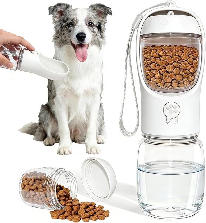 Dog Water Bottle, Portable Water Bottle with Food Container for Dogs Cat Pet Hiking Walking Travel Camping, Leak-Proof Dog Water Bowl Dispenser with Feeder Function Puppy Essentials (11.5oz White)