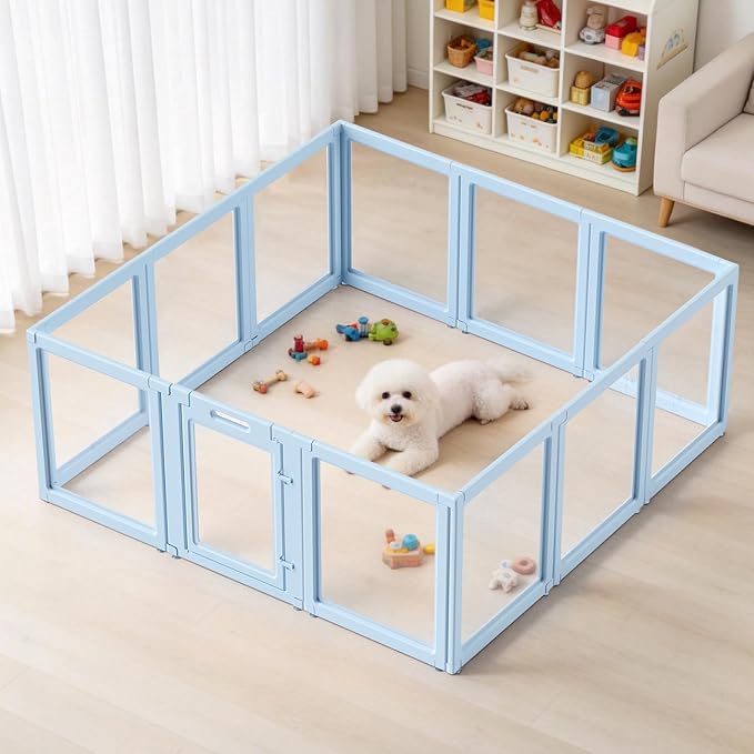 DIY Clear Acrylic Dog Playpen House,Quick Easy Assembly and Disassembly,Strong Floor Suction,Indoor and Outdoor Use,Easy Cleansing Puppy Fence (Sky Blue, 30.3" H, 12PCS)