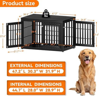 Snuowu 48" Heavy Duty Dog Crate Furniture for Small,Medium and Large Dogs,Rustic Wooden Dog Cage Kennel Indoor Furniture with Waterproof Top,Decorative Pet House Side End Table (Black)