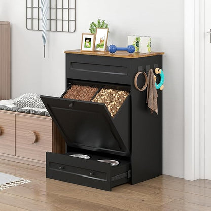 Elevated Dog Feeding Station with Storage Cabinet, 5.3" Pull-Out Hidden Bowls, Dog Food Organizer for Medium Large Dogs with Slow Feeder, Stainless Steel Bowls & Side Hooks (Black)