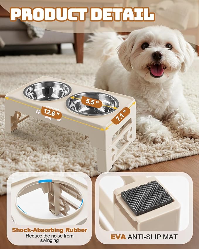 Jovrun Elevated Dog Bowls for Small Dogs and Cats, Non-Slip Cat Bowls with 2 Thick 5.5" Stainless Steel Dishes, Dog Feeder 2 Heights Adjustable to 2.6"-5.3"