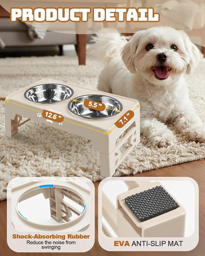 Jovrun Elevated Dog Bowls for Small Dogs and Cats, Non-Slip Cat Bowls with 2 Thick 5.5" Stainless Steel Dishes, Dog Feeder 2 Heights Adjustable to 2.6"-5.3"
