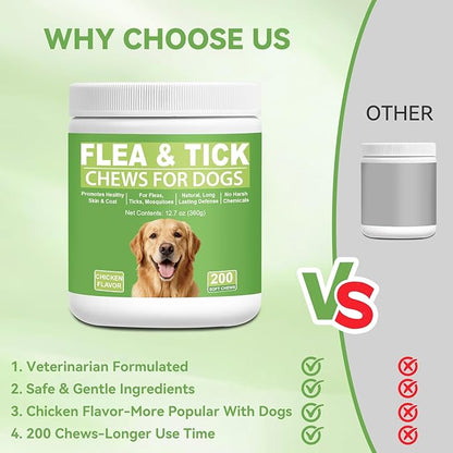 Dog Flea and Tick Chewables for Dogs 200Ct, Natural Support Supplement, Flea Supplement for Dogs, Flea and Tick Chews for Dogs Puppies, All Breeds & Sizes, Digestive Health