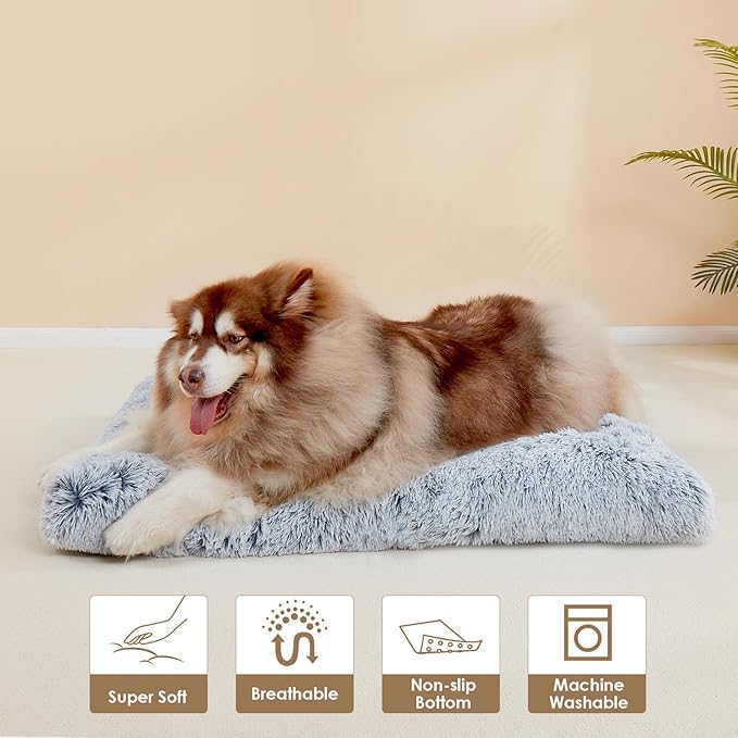 EHEYCIGA Fluffy Dog Crate Bed for Extra Large Dogs, Plush Faux Fur XLP Pad, Calming Anti Anxiety XL Plus Bed for Crate, Washable Soft Warm Dog Mat with Non-Slip Bottom, Grey
