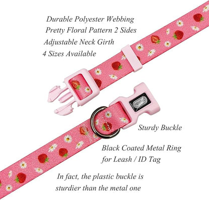 Dog Collar Leash Set, Floral Pattern, Polyester Material, Adjustable Collar and 5ft Matchcing Leash, for Large Dogs.(L, Daisy and Strawberry)