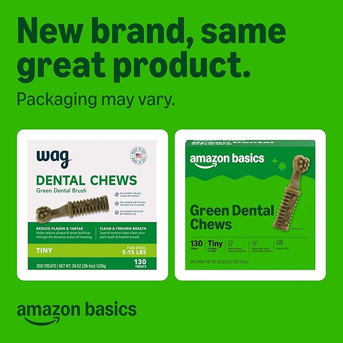 Amazon Basics Dental Dog Treats to Help Clean Teeth & Freshen Breath - Tiny (5-15 lbs), Unflavored (Previously Wag)