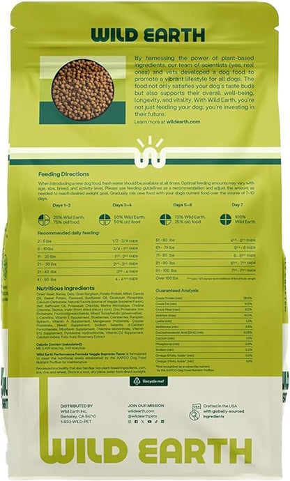 Wild Earth Vegan Dry Dog Food Performance Formula | Plant-Based Vegetarian Kibble | Wheat-Free, Allergen-Free, Veterinarian-Developed | Veggie Supreme Flavor, 18lb Bag