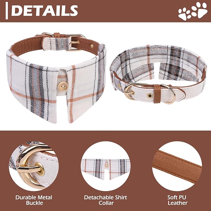 EXPAWLORER Dog Collar and Leash - Embroidery Pawprints Plaid Medium Dog Collars and Leash Set, Cute Bandana and Detachable Collar, Suitable for Small Dogs Cats Girl Boy, Cream M