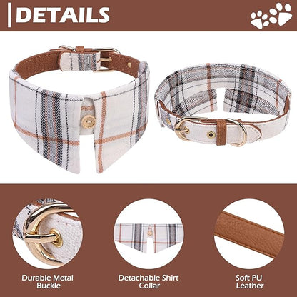 EXPAWLORER Dog Collar and Leash - Embroidery Pawprints Plaid Medium Dog Collars and Leash Set, Cute Bandana and Detachable Collar, Suitable for Small Dogs Cats Girl Boy, Cream M