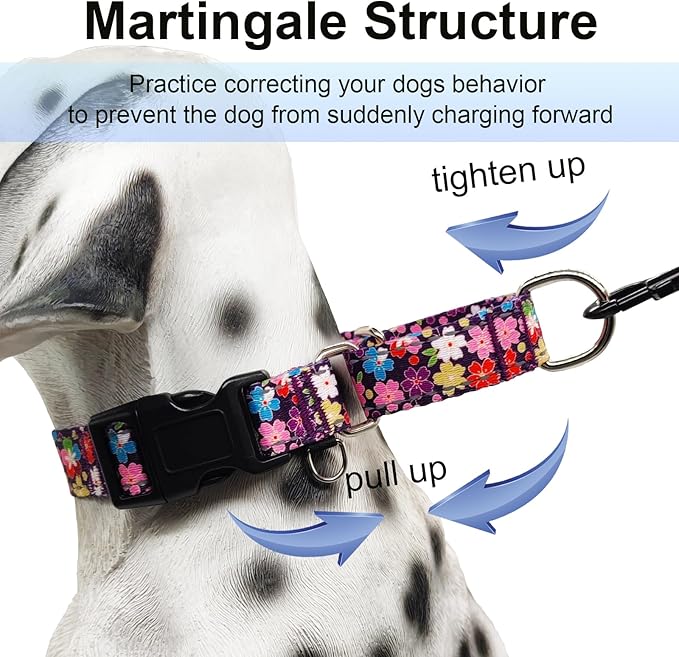 Reflective Martingale Collar for Dogs with Buckle Pretty Fancy Female Floral Dog Collars (Japanese Blossoms, Small)