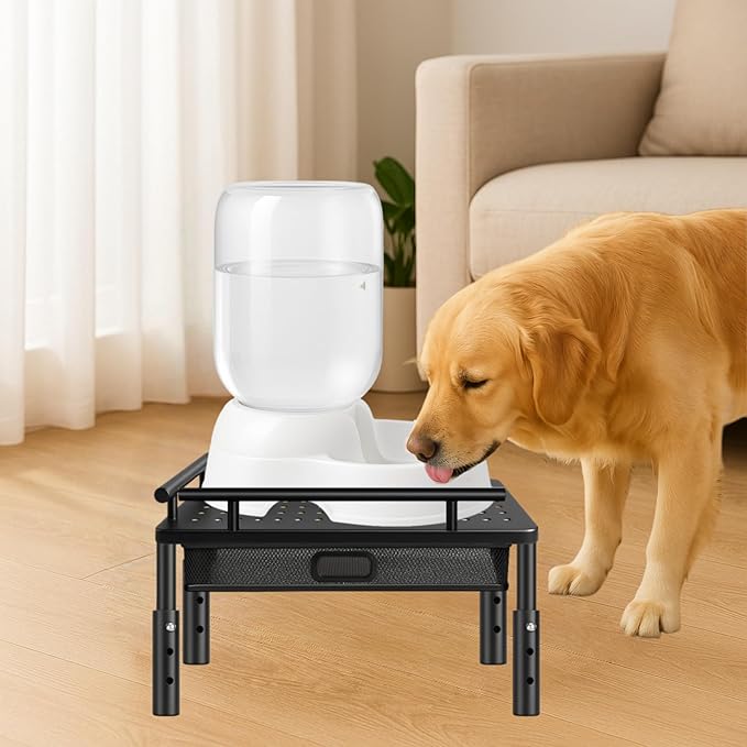 Dog Water Bowl Dispenser Stand with Storage Drawer & Metal Holder Compatible with Automatic Feeders & Water Dispensers - Adjustable Height, Raised Elevated Platform for Cats, Small & Medium Dogs