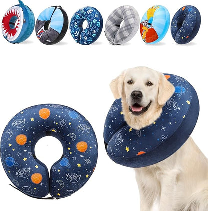 SCENEREAL Dog Cone Alternative After Surgery Donut Collar, Soft Pet Recovery Pillow Collar for Medium Large Dogs, Inflatable Adjustable Neck Collars to Prevent Licking, Planet Print E-Collars XL