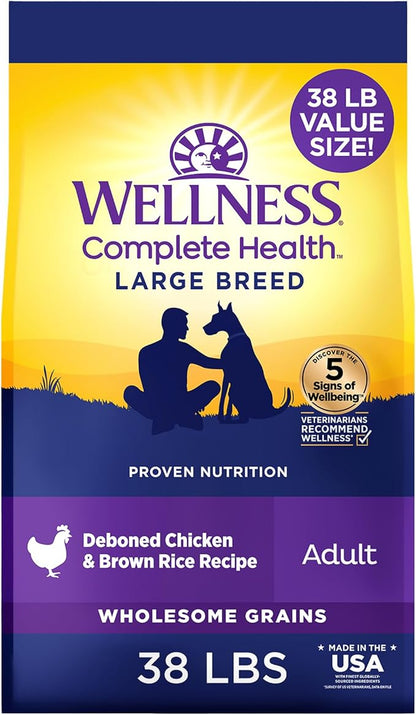 Wellness Complete Health Large Breed Adult Dry Dog Food, Wholesome Grain Kibble, Natural, Chicken and Brown Rice Recipe, 38 lb Bag