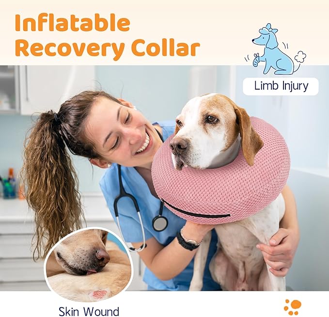 Supet Inflatable Dog Cone Collar for Dogs to Stop Licking, Dog Donut Collar After Surgery, Soft Pet Cone for Small Medium Large Dogs Pink 02 XXL