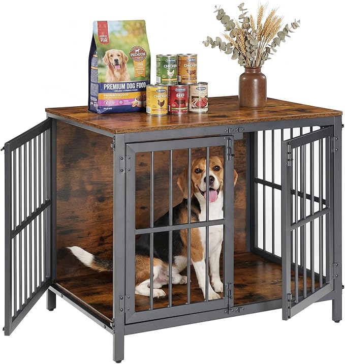 HOOBRO Heavy Duty Dog Crate Furniture, 31.5" Wooden Indoor Kennel with 3 Doors, Chew Resistant Metal Cage for Small and Medium Breeds, Dog Crate Side Table, Black and Rustic Brown BF81GW03