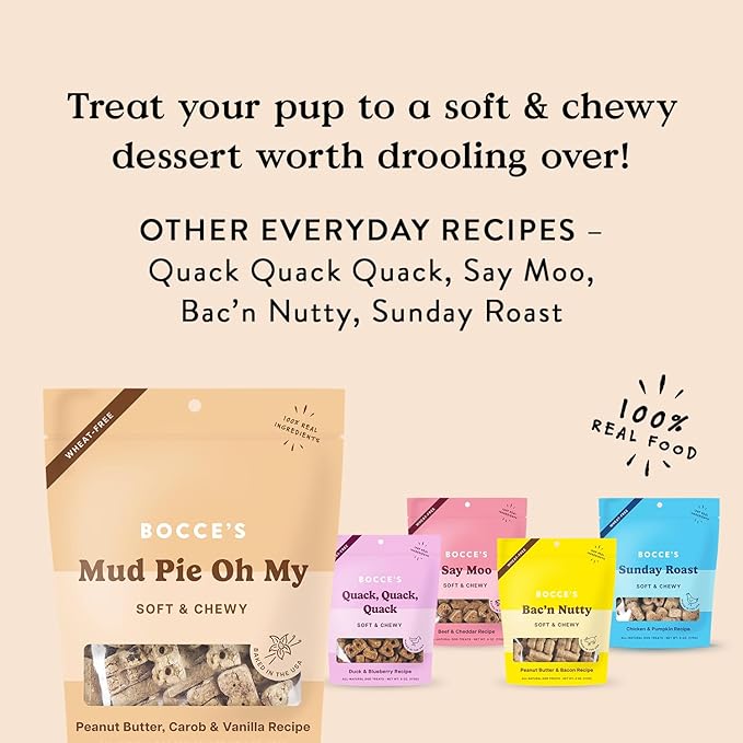 Bocce's Bakery Oven Baked Mud Pie Oh My Treats for Dogs, Wheat-Free Everyday Dog Treats, Made with Real Ingredients, Baked in The USA, Natural Soft & Chewy Cookies, PB, Carob & Vanilla, 6 oz