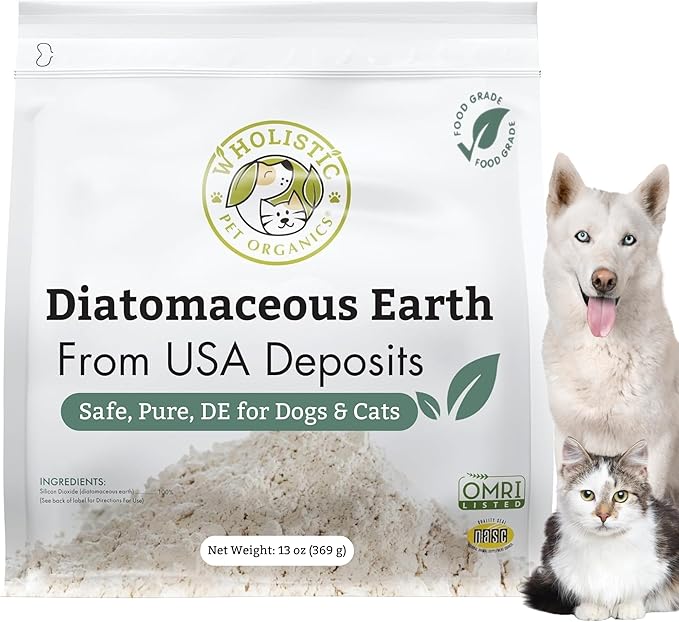 Wholistic Pet Organics Diatomaceous Earth - Food Grade for Dogs & Cats - 13 Oz - Multi Use Powder - Pet Safe Non-Chemical Freshwater Sourced Silica Supports Overall Health - Made in USA - 105 Scoops