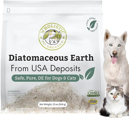Wholistic Pet Organics Diatomaceous Earth - Food Grade for Dogs & Cats - 13 Oz - Multi Use Powder - Pet Safe Non-Chemical Freshwater Sourced Silica Supports Overall Health - Made in USA - 105 Scoops