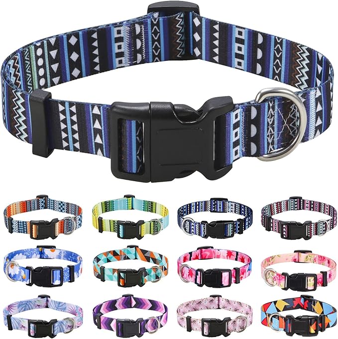 Mihqy Dog Collar with Bohemia Floral Tribal Geometric Patterns - Soft Ethnic Style Collar Adjustable for Small Medium Large Dogs（Bohemian Blue,S）