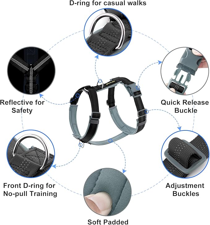Plutus Pet No Pull Dog Harness, Adjustable Nylon Harness with Soft Padding, Reflective and Heavy Duty Dog Harness for Small, Medium, Large Dogs(Black, S)