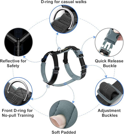 Plutus Pet No Pull Dog Harness, Adjustable Nylon Harness with Soft Padding, Reflective and Heavy Duty Dog Harness for Small, Medium, Large Dogs(Black, L)