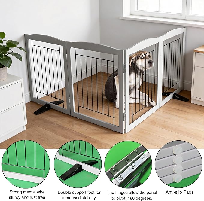 ZJSF Freestanding Dog Fence Indoor, Foldable Dog Gate for Doorways, Stairs or Hallways, Sturdy Wood Extra Wide Pet Gate with Support Feet for The House, Grey, 24 "Height-4 Panels