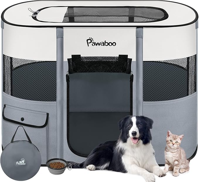 Dog Playpen, Portable Pet Cat PlayPen, 600D Oxford Dog Kennel Tent Crate, Waterproof&Breathable, Indoor Outdoor Travel Camping for Medium/Large Breed with Carrying Case+Bowl(M), Gray