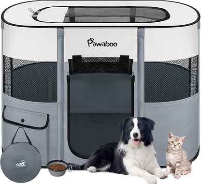 Dog Playpen, Portable Pet Cat PlayPen, 600D Oxford Dog Kennel Tent Crate, Waterproof&Breathable, Indoor Outdoor Travel Camping for Medium/Large Breed with Carrying Case+Bowl(M), Gray