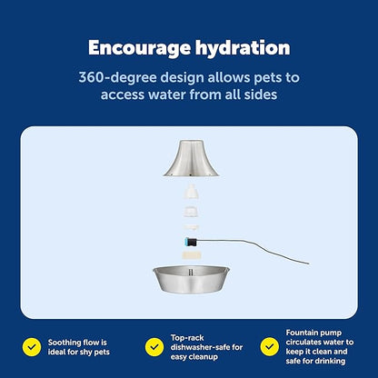 PetSafe Seaside Stainless Steel Cat & Dog Fountain, 60 Oz Water Capacity - 2 Water Filters & 1 Pump Included, Soothing Flow for Pets, Scratch-and Rust-Resistant Material - Quiet Motor
