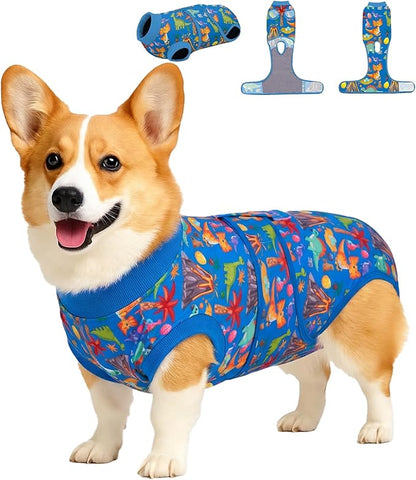 PetWarm Dog Recovery Suit, Surgery Suit for Dogs, Onesie for Dogs, Anti-Licking Dog Surgical Recovery Pajamas, Bodysuit for Abdominal Affected Areas Sensitive Skin Areas, Zoo Pattern, Blue, S