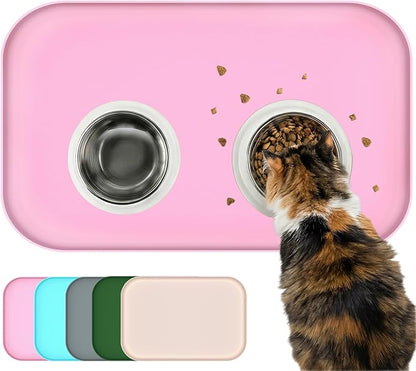 BLESWIN Waterproof Silicone Pet Feeding Mat Pink with Raised Edge,24" x 16"Non-Skid Spill Proof Dog Bowl Mats, Easy Clean Cat Bowls Placemat for Cats and Dogs